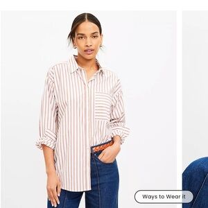 Striped Cotton Everyday Oversized Pocket Shirt - White/Tan, S